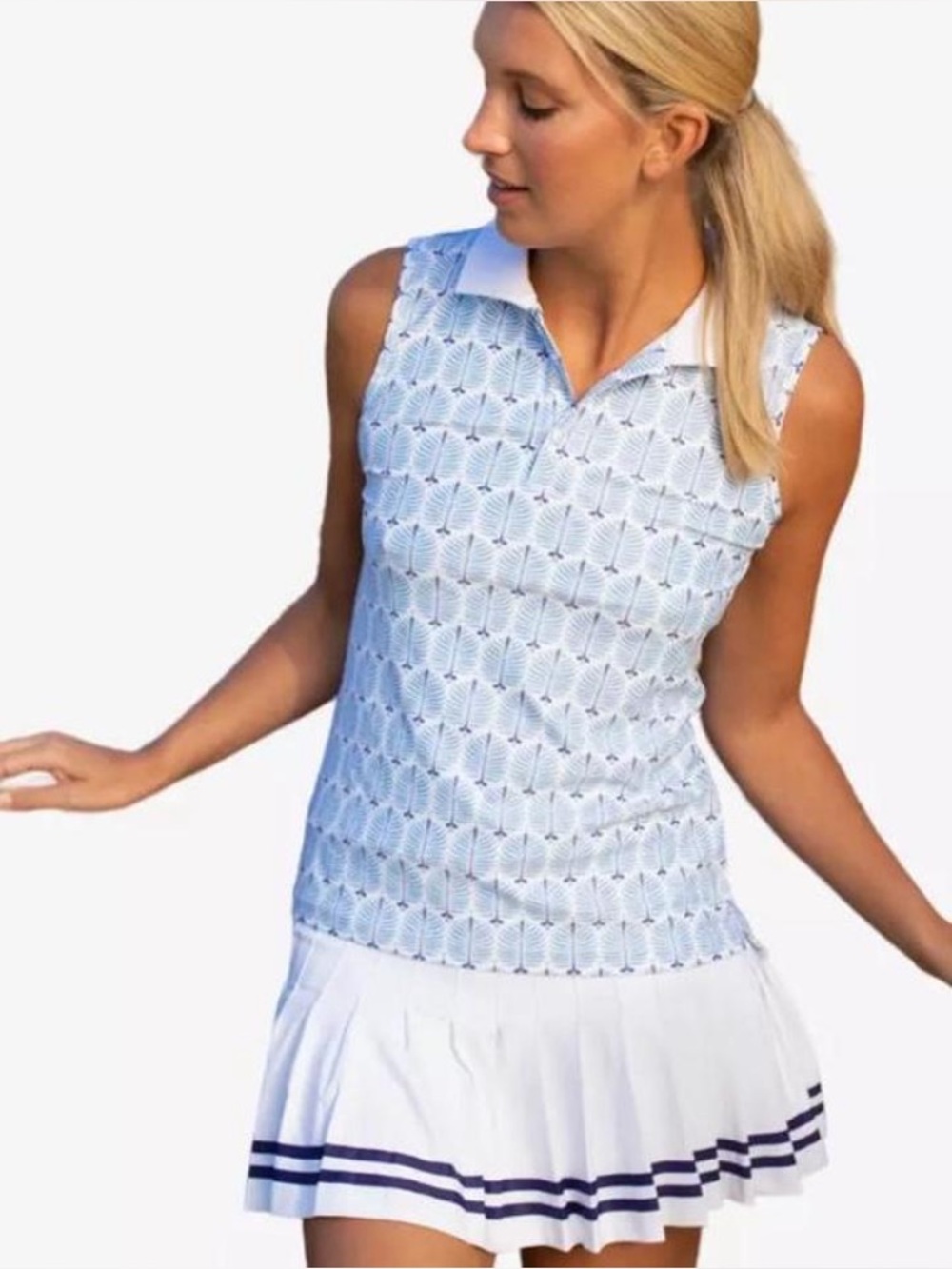 Smith & Quinn ‘Alice’ Golf Club Palm Blue  White Sleeveless Collared Top Women M